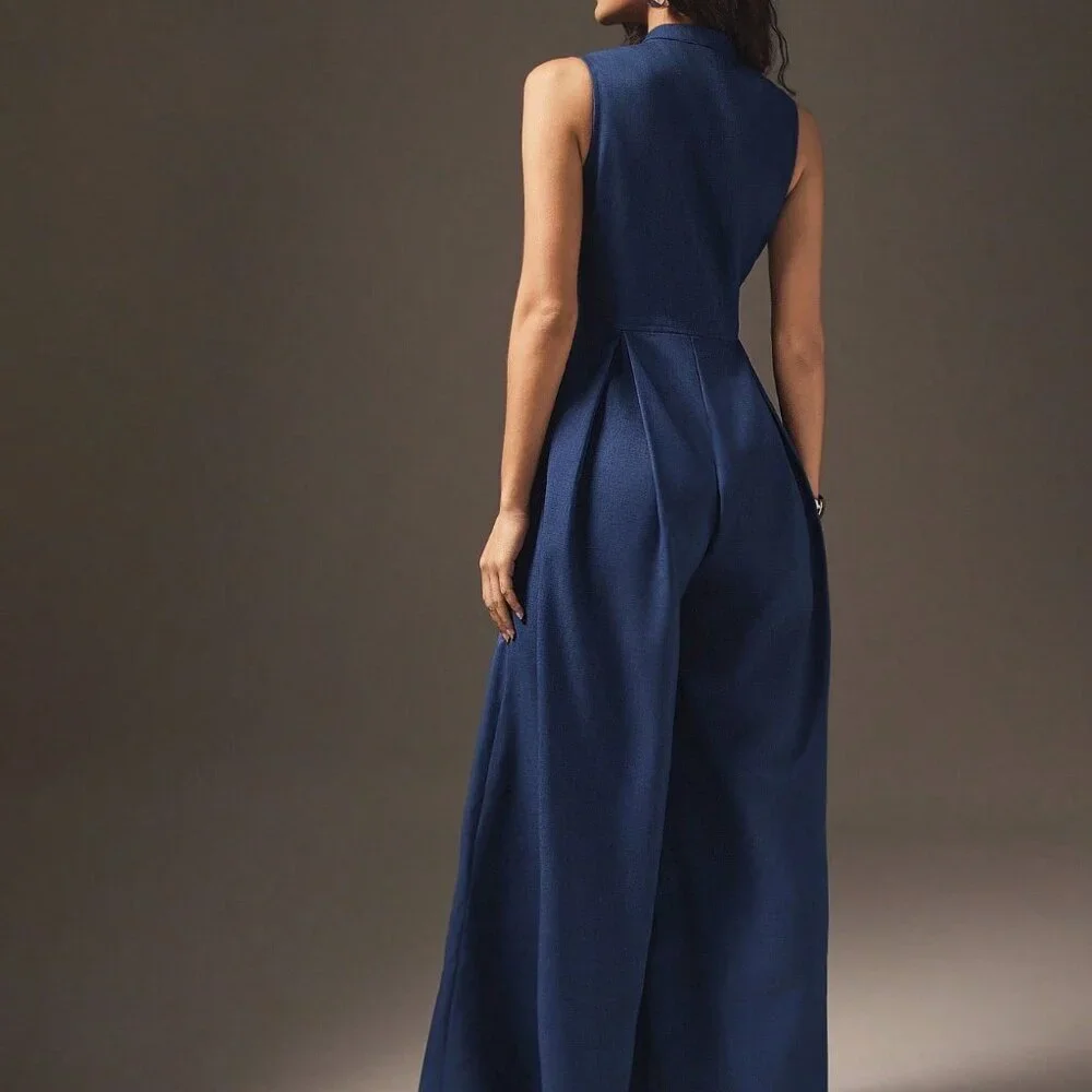 Blue Elegant Women's Wide Leg Zip Front Sleeveless Jumpsuit - Picture 4 of 5